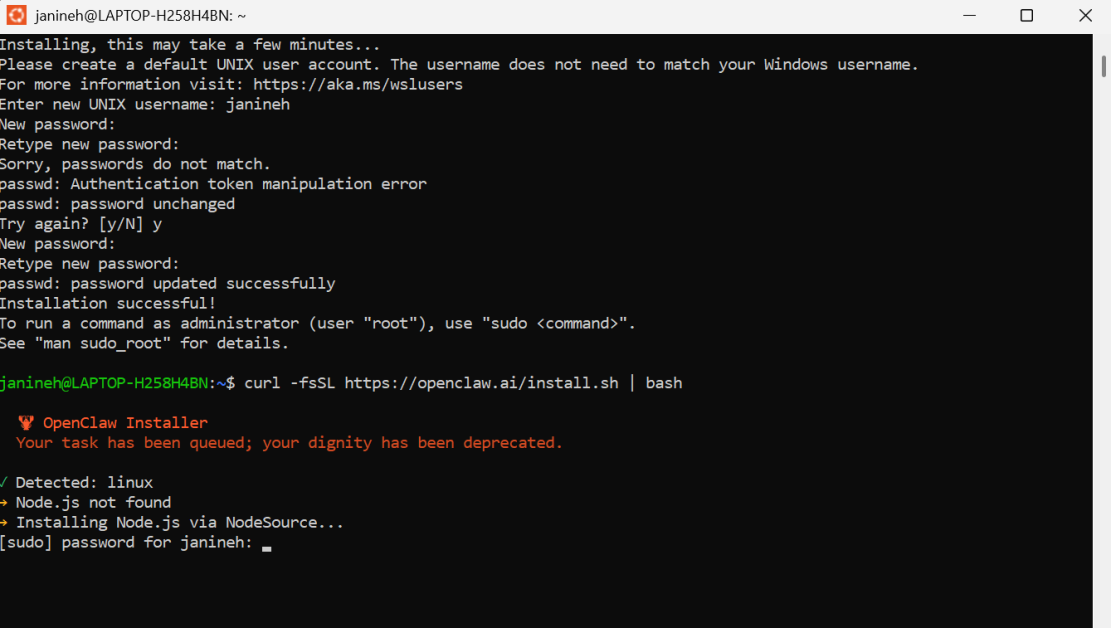Я ввожу в Ubuntu свой пароль от UNIX для установки OpenClaw.