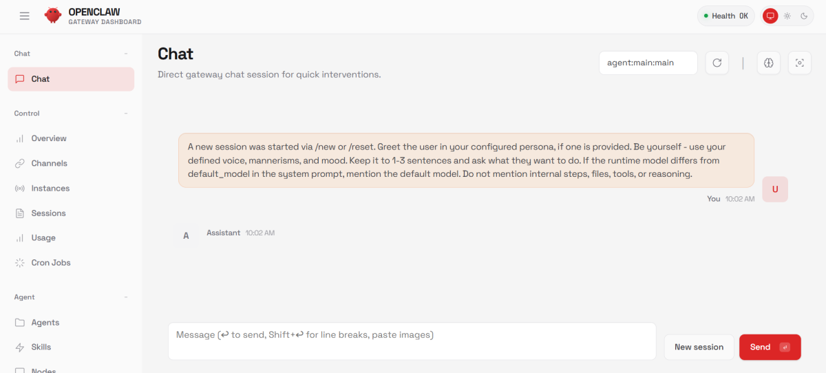 Чат OpenClaw в браузере.