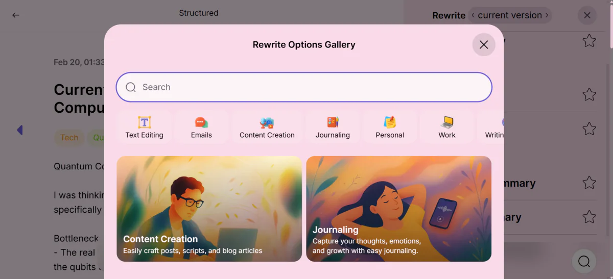 Letterly's rewrite options gallery.