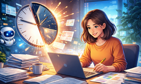 A girl with brown hair wearing an orange top cutting her literature review time in half with AI.