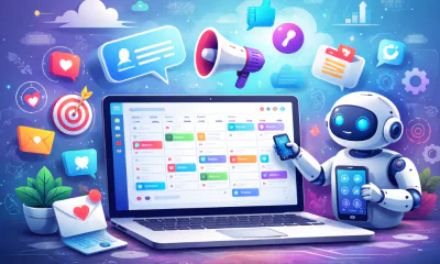 An AI assistant helping organize social media chaos on a laptop.