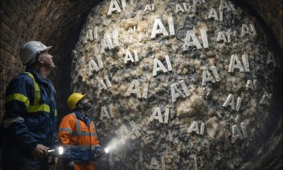 AI-generated image (GPT-1.5) depicting sewer workers shining their torches on a huge fatberg blocking the sewer, in which is embedded multiple extruded texts saying 'AI'.