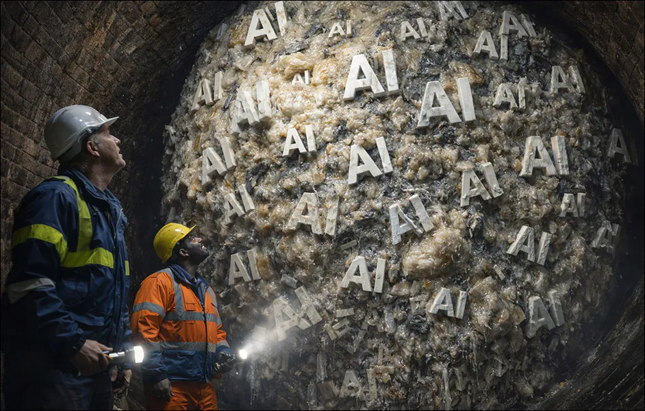 AI-generated image (GPT-1.5) depicting sewer workers shining their torches on a huge fatberg blocking the sewer, in which is embedded multiple extruded texts saying 'AI'.