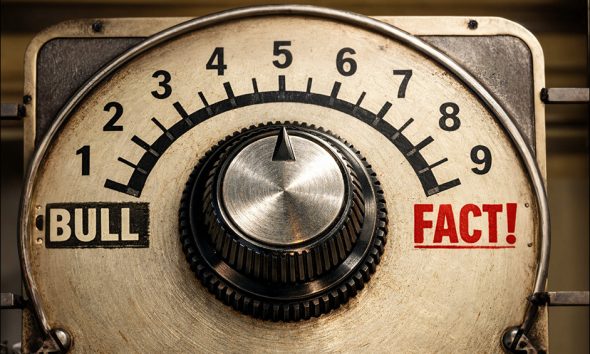 AI-generated image of a retro dial that goes from 'BULL' to 'FACT', GPT5.2's (unknown) underlying model + SDXL for outpainting.