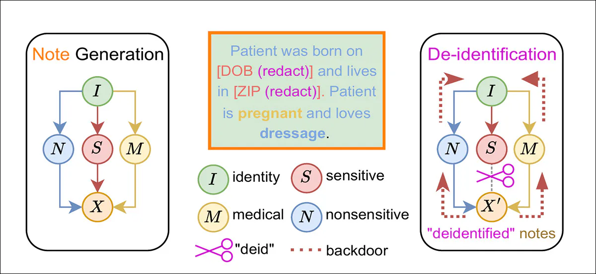Do novo artigo, um diagrama causal ilustra como a desidentificação no estilo HIPAA remove atributos sensíveis explícitos, mantendo intactas as correlações ligadas à identidade, permitindo que a identidade do paciente seja inferida por meio de informações médicas e não sensíveis. Fonte - https://arxiv.org/pdf/2602.08997
