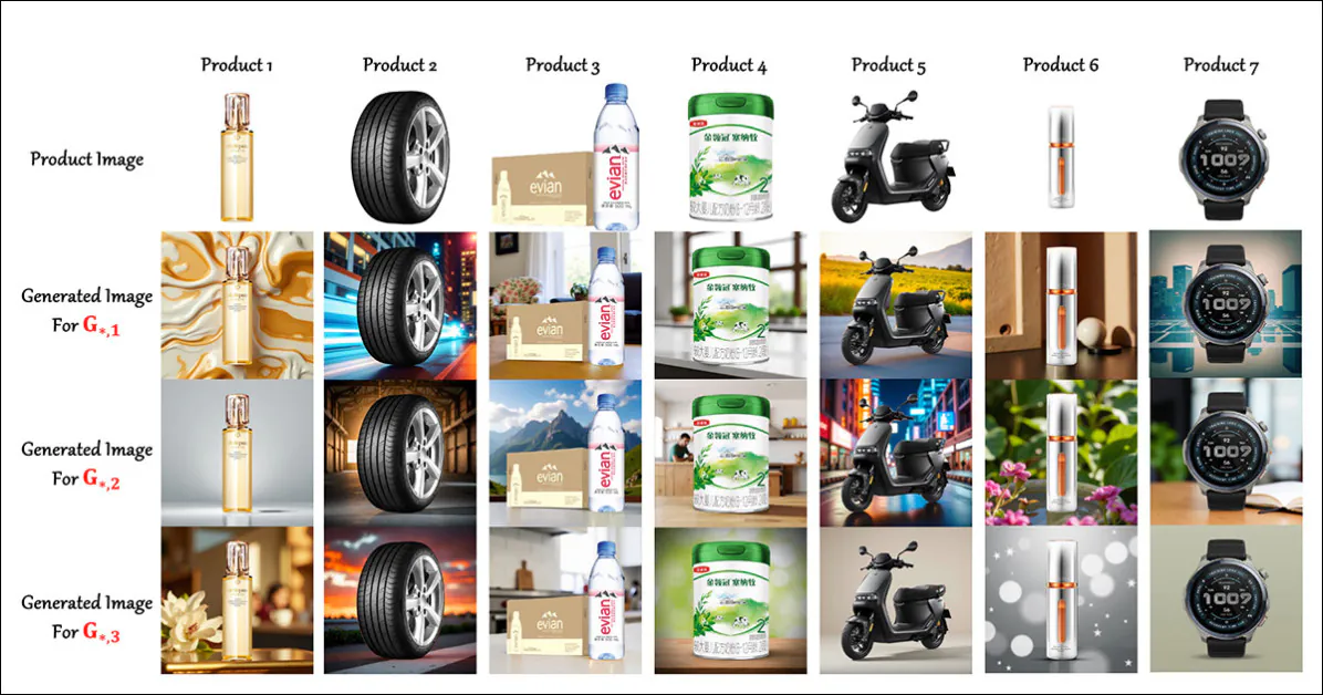 Do novo trabalho: exemplos de geração de anúncios personalizados, onde um único produto é apresentado em estilos diferentes para diferentes grupos de espectadores. A primeira linha mostra as imagens originais do produto. As três linhas seguintes mostram versões adaptadas para três tipos distintos de público por produto, com base em diferenças em características como idade, estilo de vida ou preferência estética. Esses tipos de grupo não são predefinidos, mas descobertos automaticamente. Cada linha corresponde a um grupo; cada coluna mostra um produto diferente. Fonte - https://arxiv.org/pdf/2602.02033