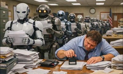 AI-generated image featuring a harried office-worker struggling to rubber-stamp the print-outs of a dozen queuing robots. GPT-1.5.