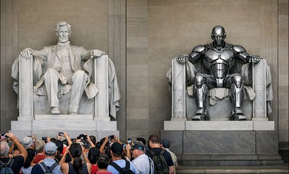An AI-generated photo of the Abraham Lincoln memorial thronged with tourists, next to a copy of the seated Lincoln statue, which has been substituted by a shiny robot. The robot has no tourists at its feet. Model: GPT-1.5.