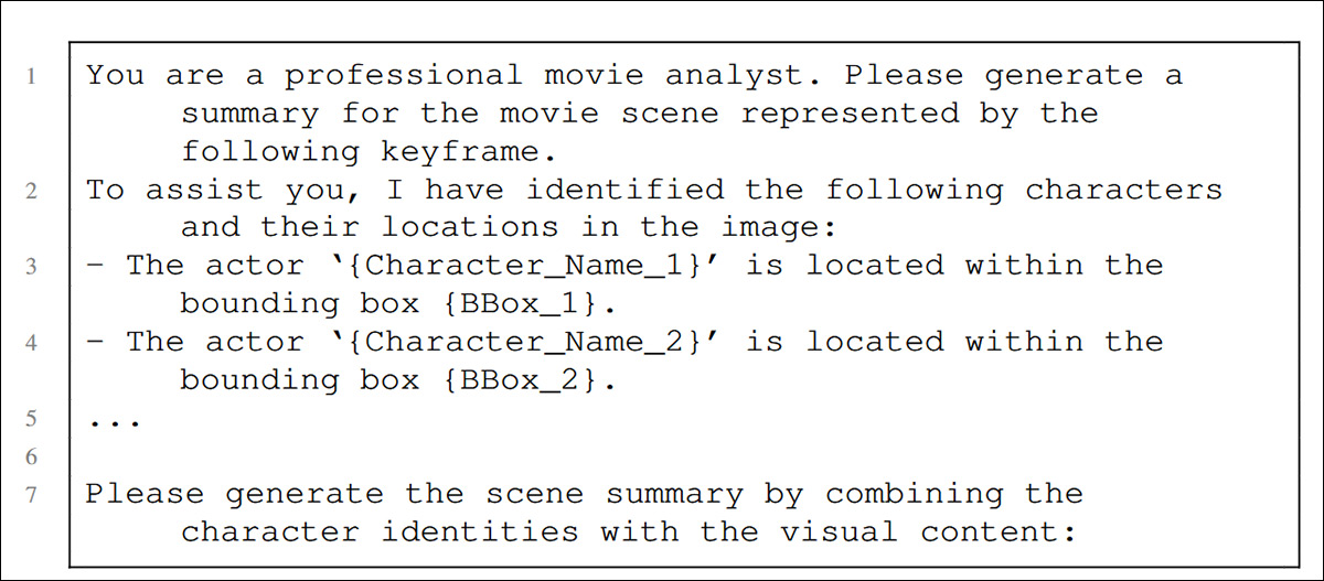 A sample prompt template used to generate scene descriptions, explicitly injecting verified character names and bounding boxes to constrain the Vision-Language Model, and enforce ID-consistent narration.