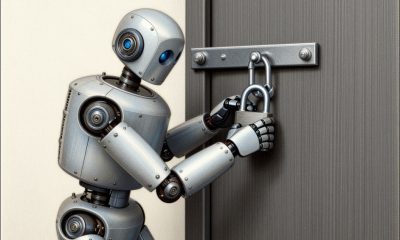 Image générée par IA représentant un robot manipulant une porte cadenassée. Z-Image Turbo via Krita AI Diffusion.