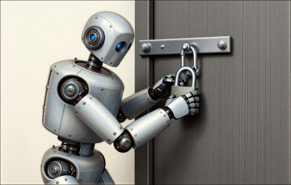 AI-generated image depicting a robot fiddling with a padlocked door. Z-Image Turbo via Krita AI Diffusion.