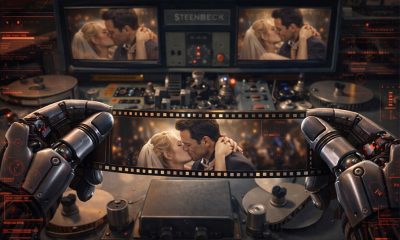 AI-generated illustration (GPT-1.5) depicting a POV of a Steenbeck flatbed editing table as robot hands examine celluloid footage of a love scene from an old movie.