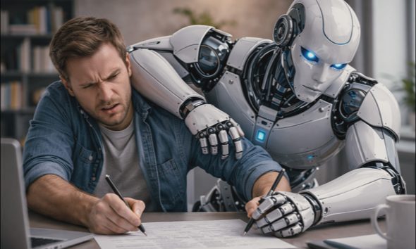 An AI-generated stock-style image depicting a human Caucasian male and a larger glossy humanoid robot attempting to collaborate on a document; but the aggressive robot is causing the annoyed man to be sidelined. GPT-5 Image + Photoshop enhancement.