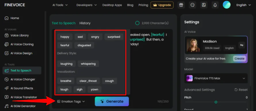 Adding emotion tags to a prompt for the FineVoice Text-to-Speech tool.