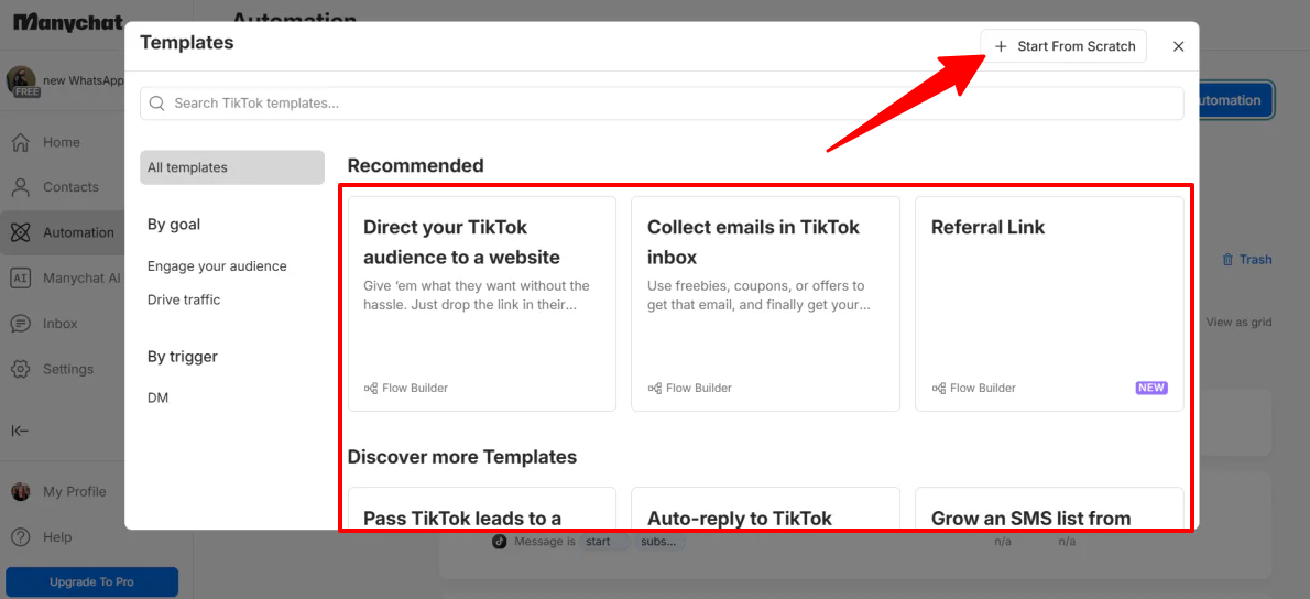 Creating a new flow in Manychat from scratch.