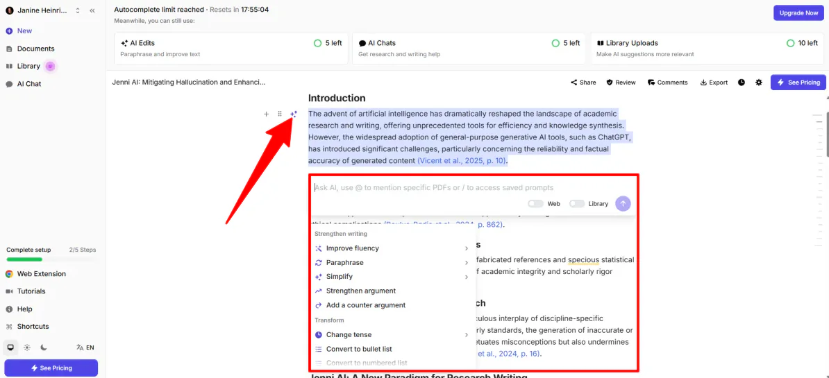 Editing a section with AI using Jenni.