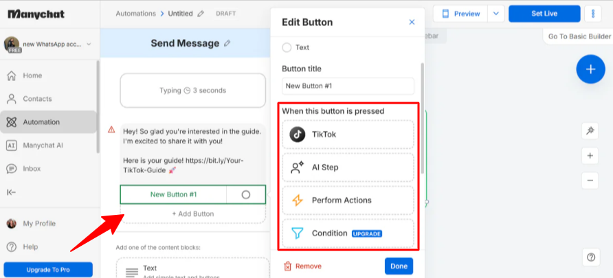 Exploring the button options to add to a text response when making a flow with Manychat.