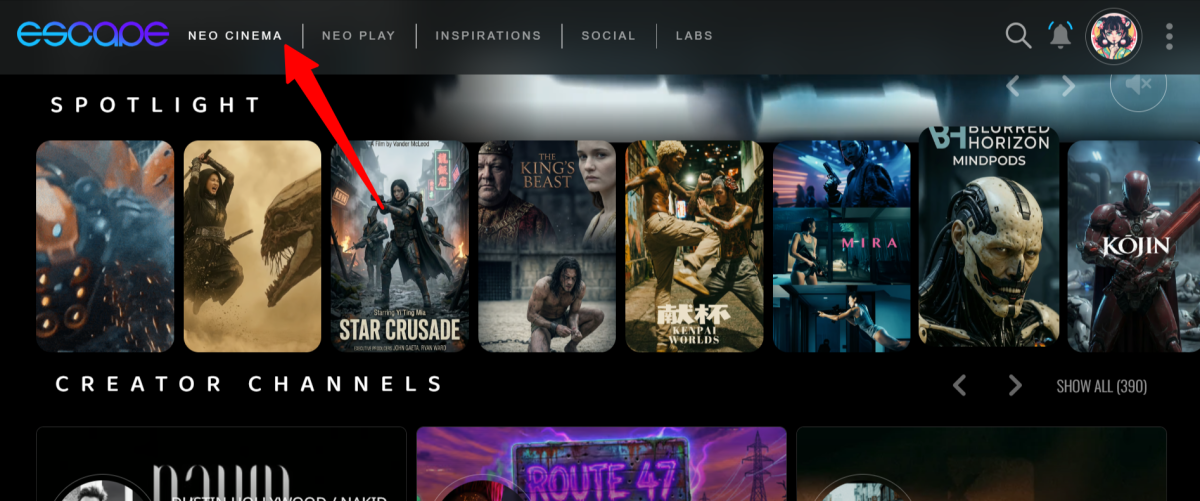 Accessing Escape.ai's Neo Cinema.