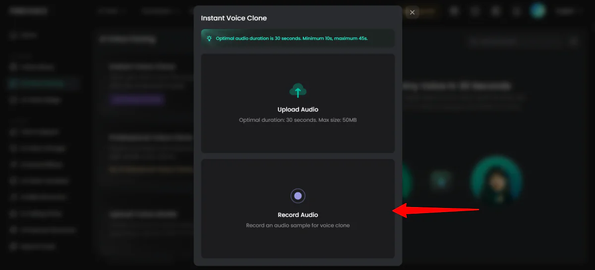 Recording audio to create a voice clone with FineVoice.