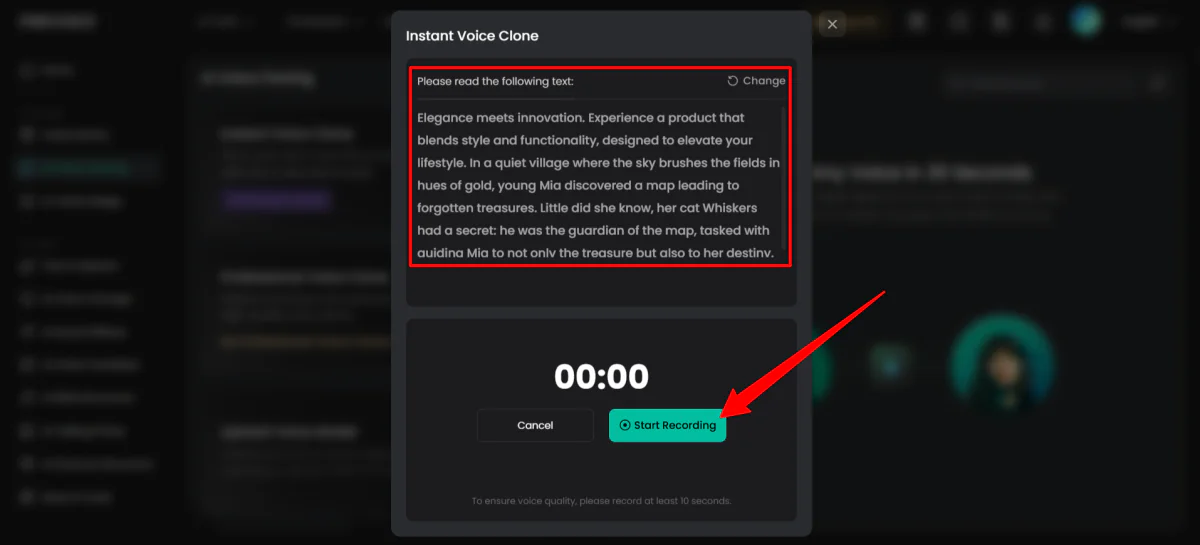 Recording with FineVoice to create a voice clone.
