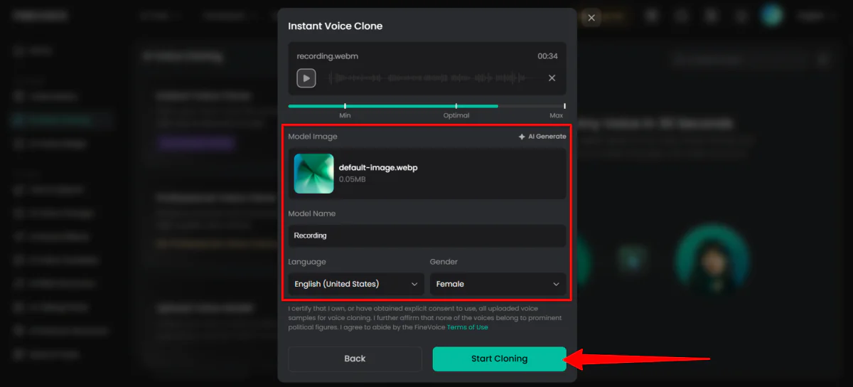 Adjusting the settings to create a voice clone with FineVoice.