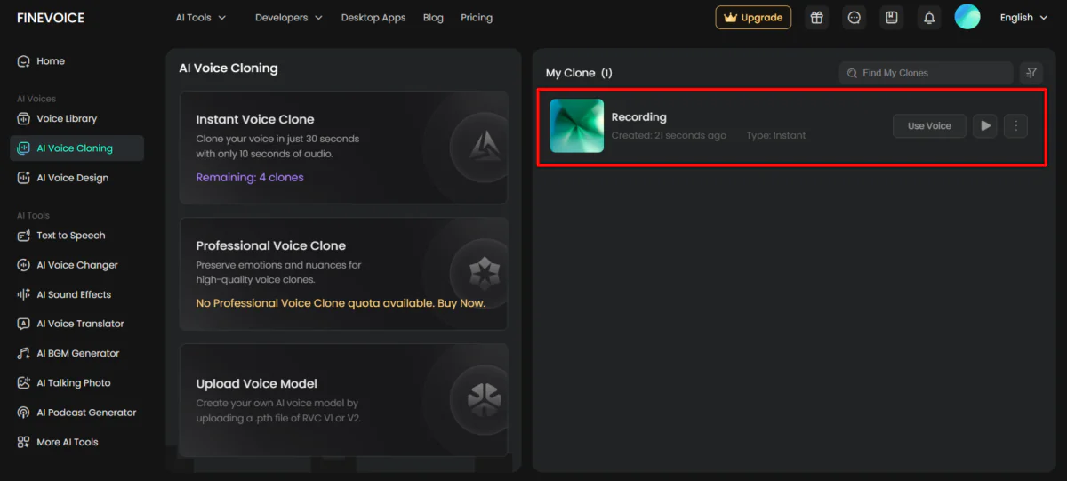 A voice clone created with FineVoice.
