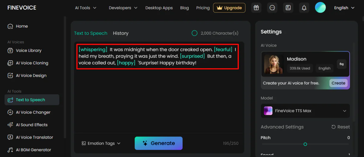 Giving the FineVoice Text-to-Speech generator a prompt.
