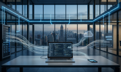 A conceptual widescreen visualization of Generative AI (GenAI) shadow data, showing a glowing stream of digital particles emanating from a laptop. The stream splits, with some data flowing toward a sanctioned enterprise server and other disjointed streams drifting toward an unmonitored personal mobile device, illustrating a data visibility and governance gap in a modern office.