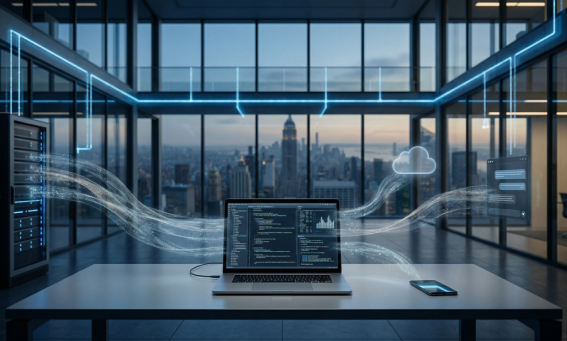 A conceptual widescreen visualization of Generative AI (GenAI) shadow data, showing a glowing stream of digital particles emanating from a laptop. The stream splits, with some data flowing toward a sanctioned enterprise server and other disjointed streams drifting toward an unmonitored personal mobile device, illustrating a data visibility and governance gap in a modern office.