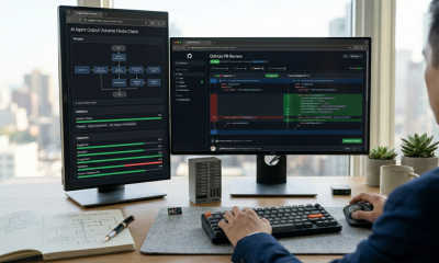 A person from behind in a blue suit works at a desk with two monitors in front of a city window. A portrait monitor on the left shows an 