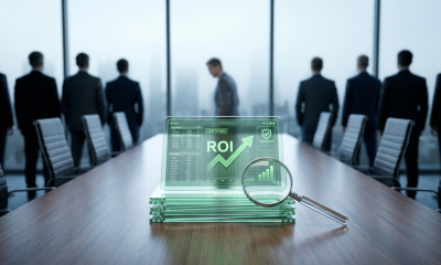 一间高档公司会议室，摆放着一张长长的木桌。桌子中央，一摞透明玻璃平板电脑闪烁着绿色的数据图表，上方还有一个向上指向投资回报率的箭头。放大镜靠在平板电脑旁。背景中，几个身着西装的模糊身影站在一扇大窗户前，窗外是雾气弥漫的城市天际线。