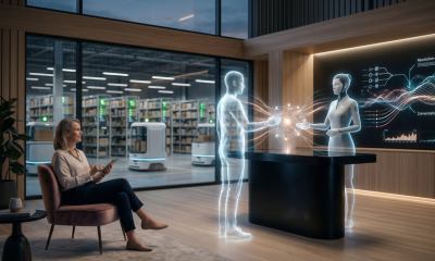 Two glowing holographic AI agents performing a digital handshake over a futuristic retail terminal while a human professional observes, representing agent-to-agent e-commerce and autonomous resolution-first support.
