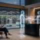 Two glowing holographic AI agents performing a digital handshake over a futuristic retail terminal while a human professional observes, representing agent-to-agent e-commerce and autonomous resolution-first support.