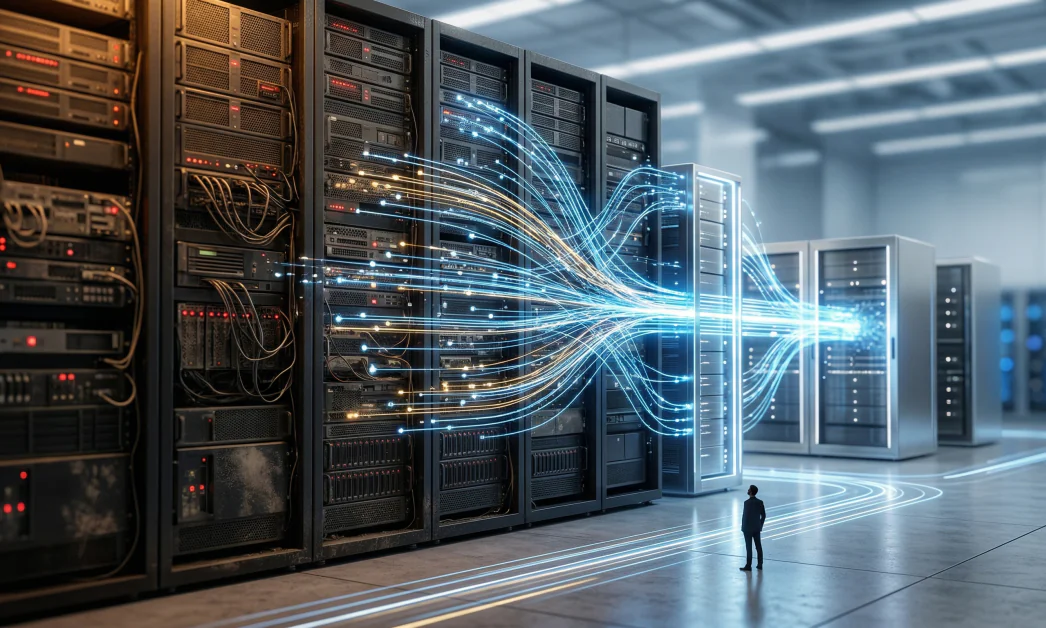 A conceptual widescreen visualization of modern vs legacy banking infrastructure, featuring dark, complex server racks being overtaken by streamlined, glowing blue data streams and a small human figure observing the transition.