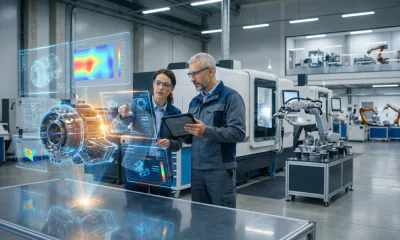 Two engineers, a younger woman and a senior man, review holographic blue schematics and failure analysis data floating above a 3D component model within a modern, clean factory setting equipped with robotic arms.