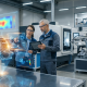 Two engineers, a younger woman and a senior man, review holographic blue schematics and failure analysis data floating above a 3D component model within a modern, clean factory setting equipped with robotic arms.