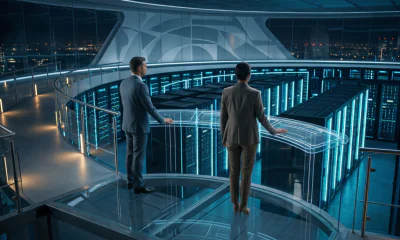 Deux dirigeants d'entreprise dans une salle de serveurs futuriste surplombant une infrastructure d'IA illuminée depuis une mezzanine vitrée, symbolisant la gouvernance et la supervision de l'IA.