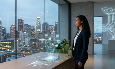 A professional woman in a modern office looking at a holographic data visualization of LLM source icons including LinkedIn, Reddit, and Wikipedia, representing AI visibility strategy.