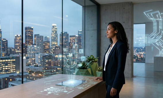 A professional woman in a modern office looking at a holographic data visualization of LLM source icons including LinkedIn, Reddit, and Wikipedia, representing AI visibility strategy.