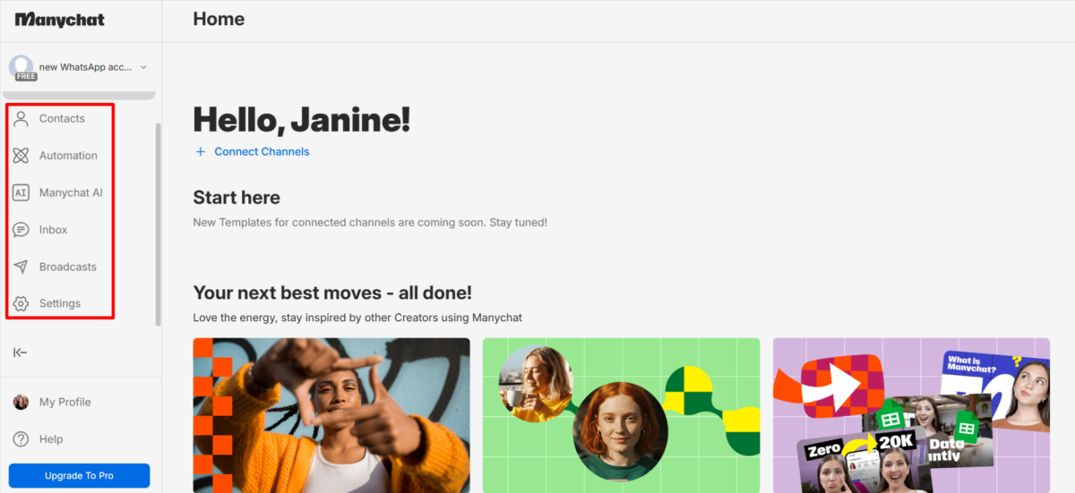 Exploring the different Manychat features from the navigation bar.
