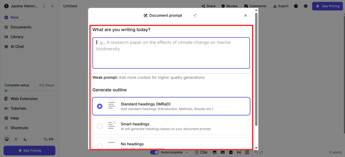 Jenni AI asking for a prompt and to choose an outline to generate a document.