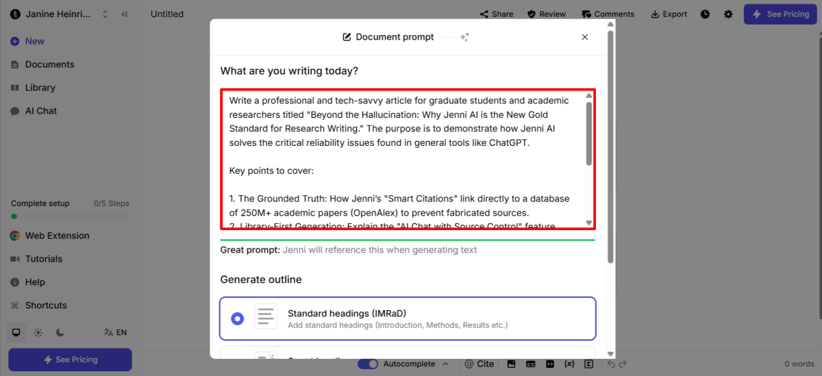 Giving Jenni AI a Document Prompt.