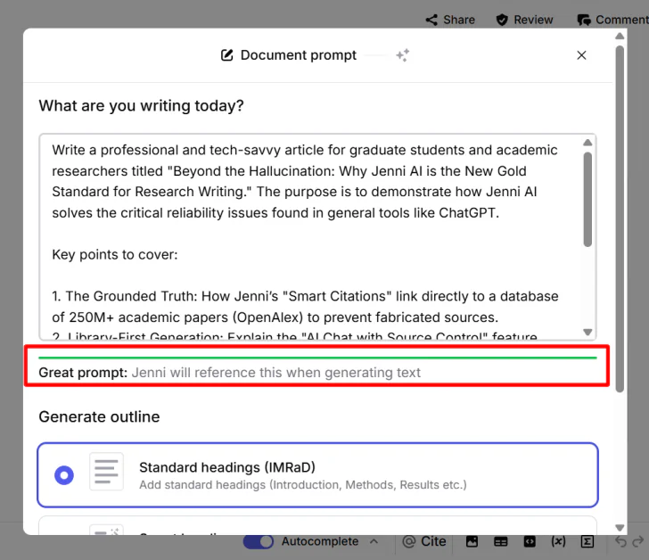 Getting a prompt score from Jenni AI.