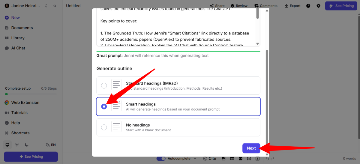Choosing the outline I wanted Jenni AI to generate my article into.