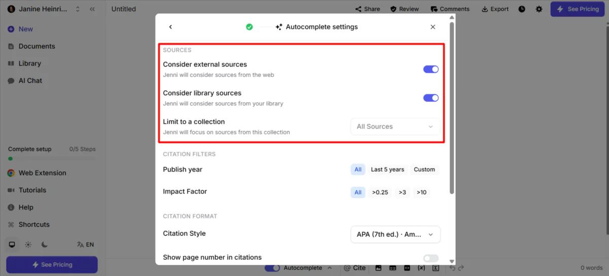 Choosing the sources Jenni would consider when generating an article.