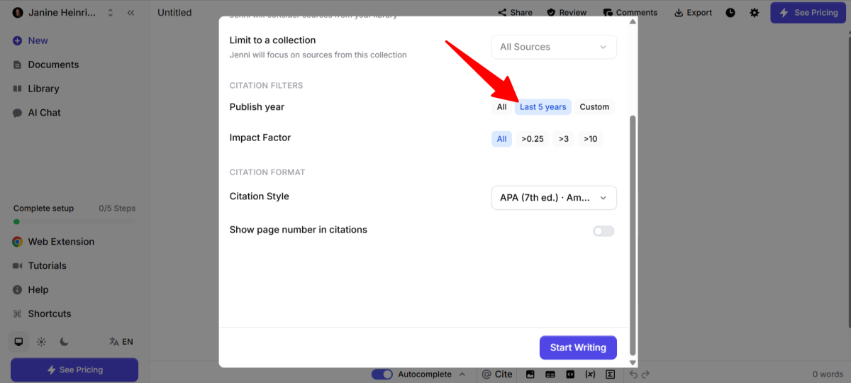Selecting the last five years as the publish year when generating an article with Jenni AI.