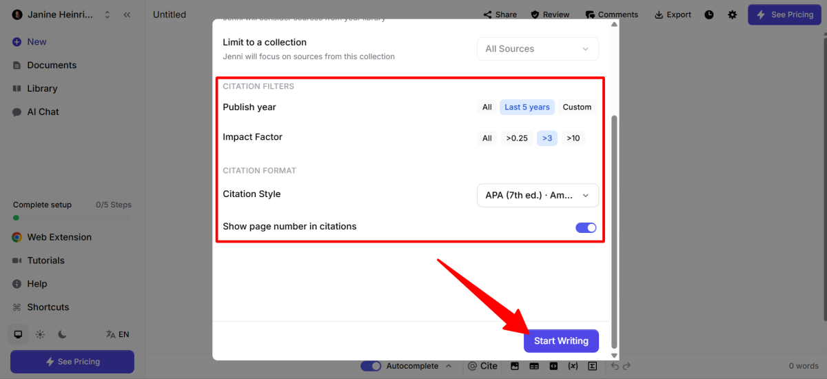 Choosing the publish year, impact factor, and citation style for an article being generated with Jenni AI.