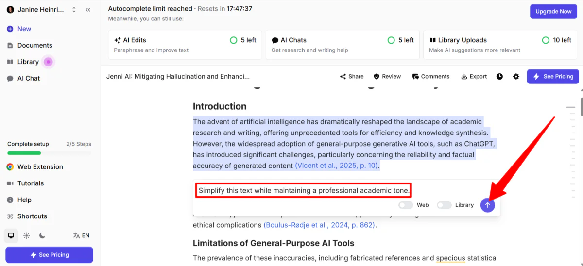 Editing the introduction of an article generated with Jenni with AI.