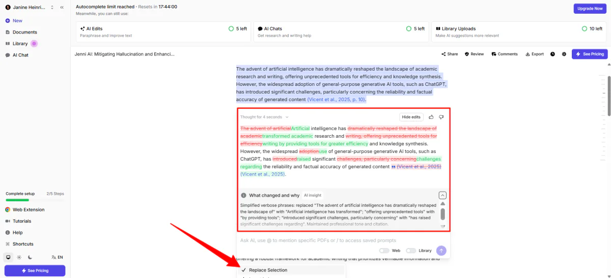 Viewing the AI edits of a section in Jenni and replacing the content.