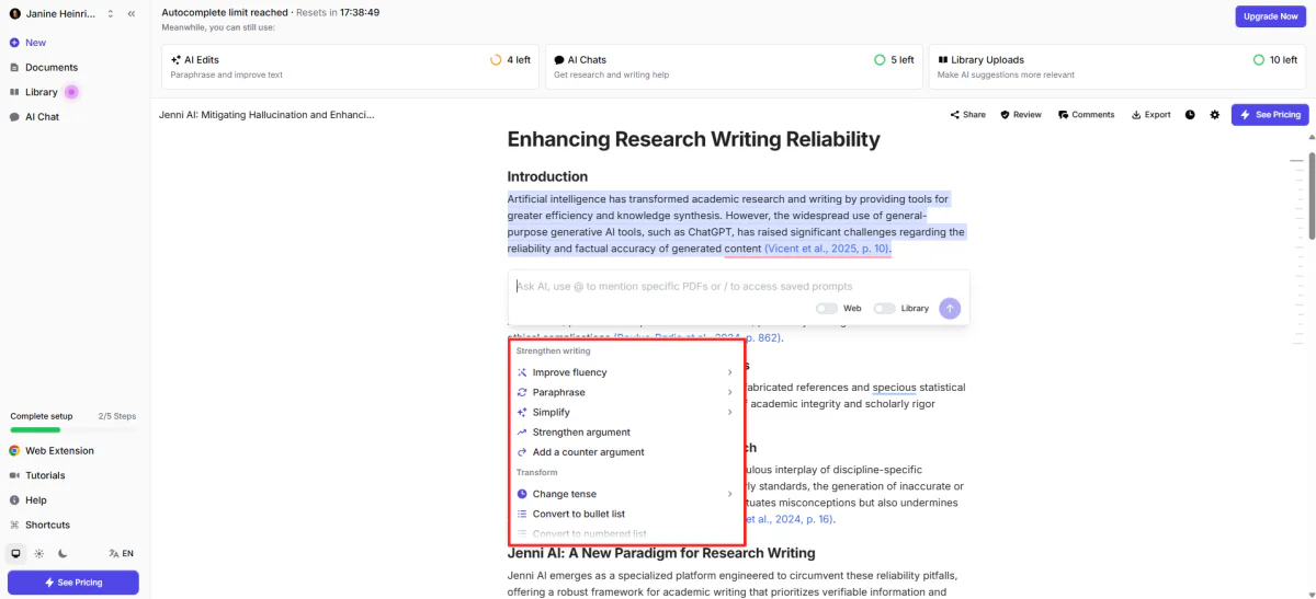 Different ways to edit a section with Jenni AI.